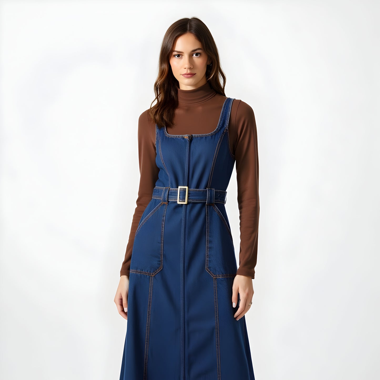 Denim Midi Dress with Square Neckline, Front Zip and Belted Waist