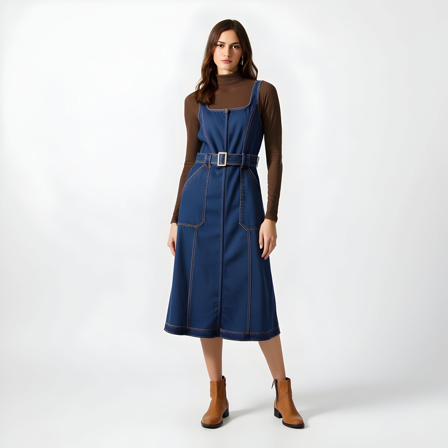Denim Midi Dress with Square Neckline, Front Zip and Belted Waist