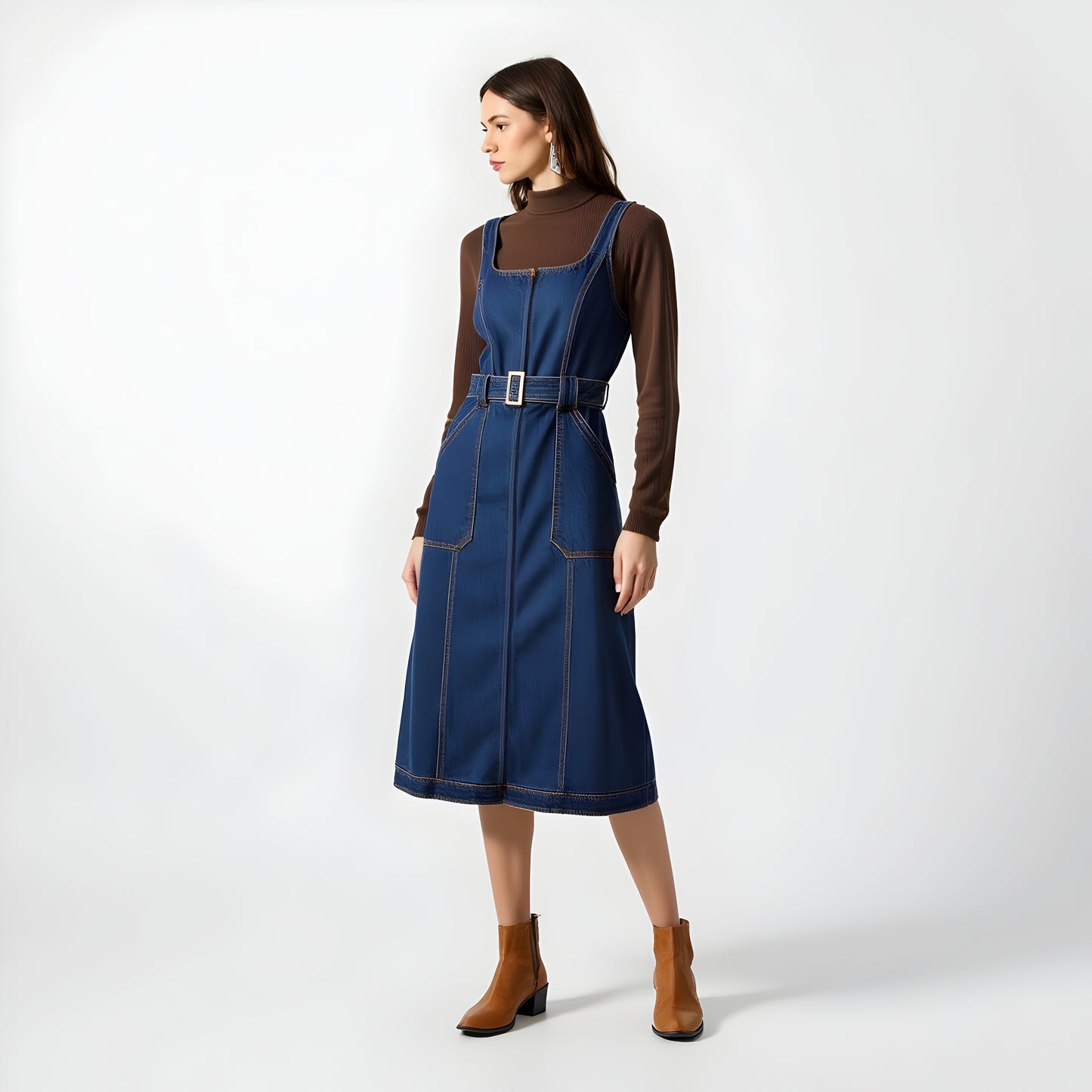 Denim Midi Dress with Square Neckline, Front Zip and Belted Waist