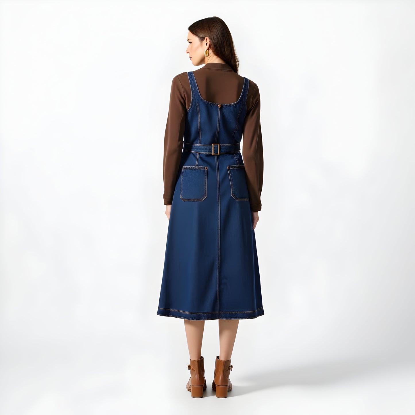 Denim Midi Dress with Square Neckline, Front Zip and Belted Waist