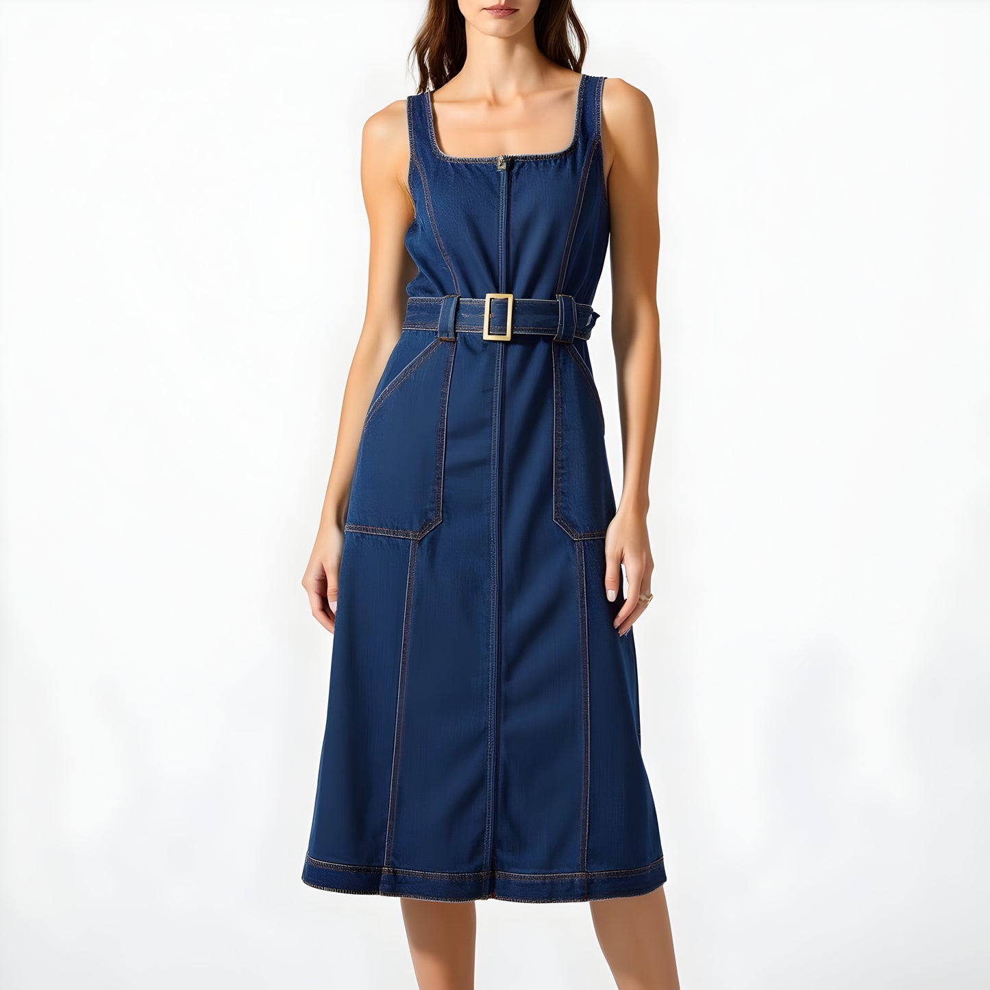 Denim Midi Dress with Square Neckline, Front Zip and Belted Waist
