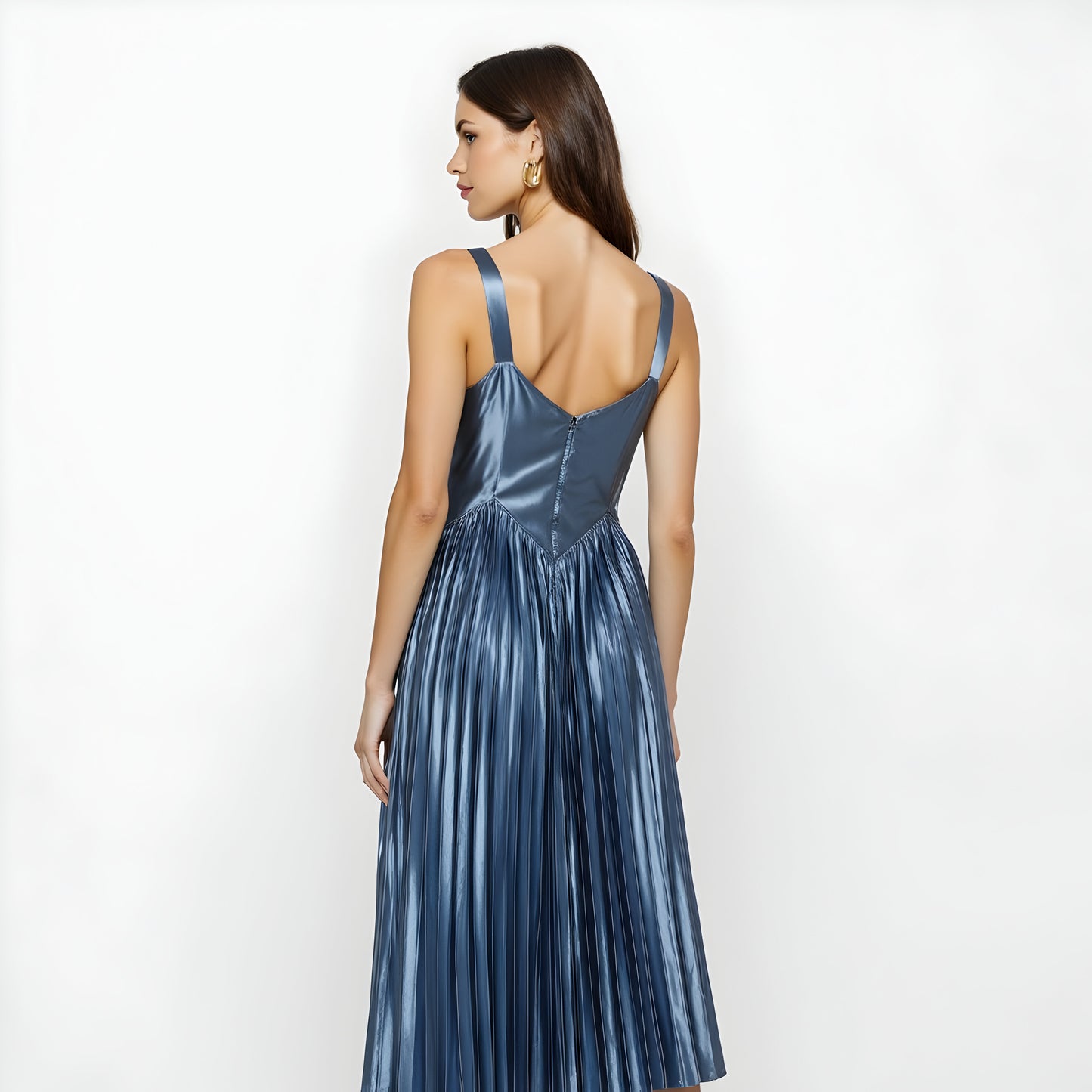 Shiny Pleated Midi Dress with Sweetheart Neckline and Wide Straps
