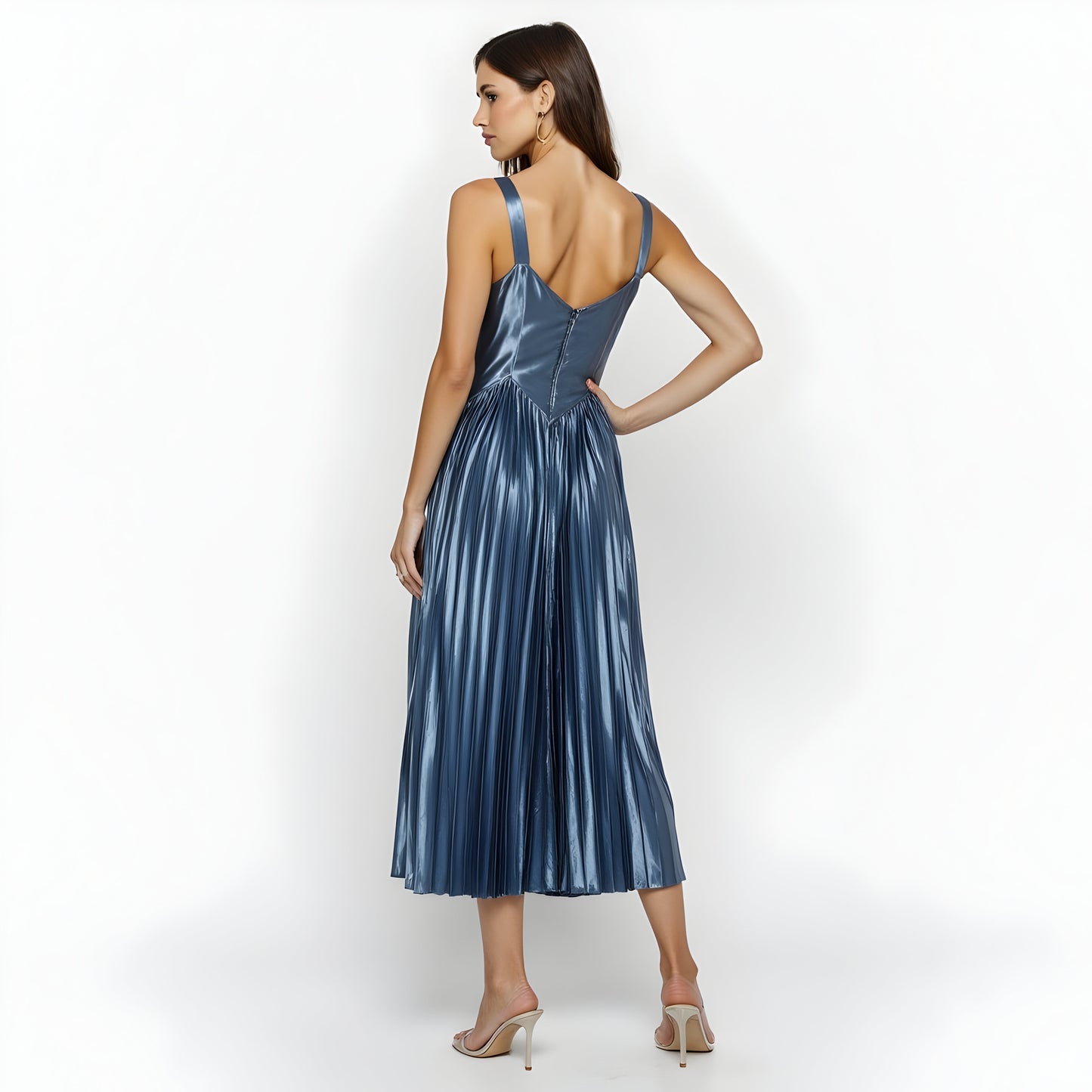 Shiny Pleated Midi Dress with Sweetheart Neckline and Wide Straps