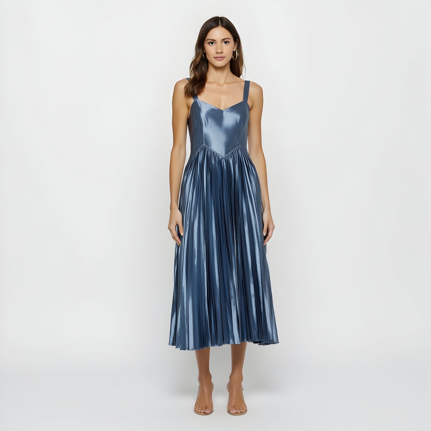 Shiny Pleated Midi Dress with Sweetheart Neckline and Wide Straps