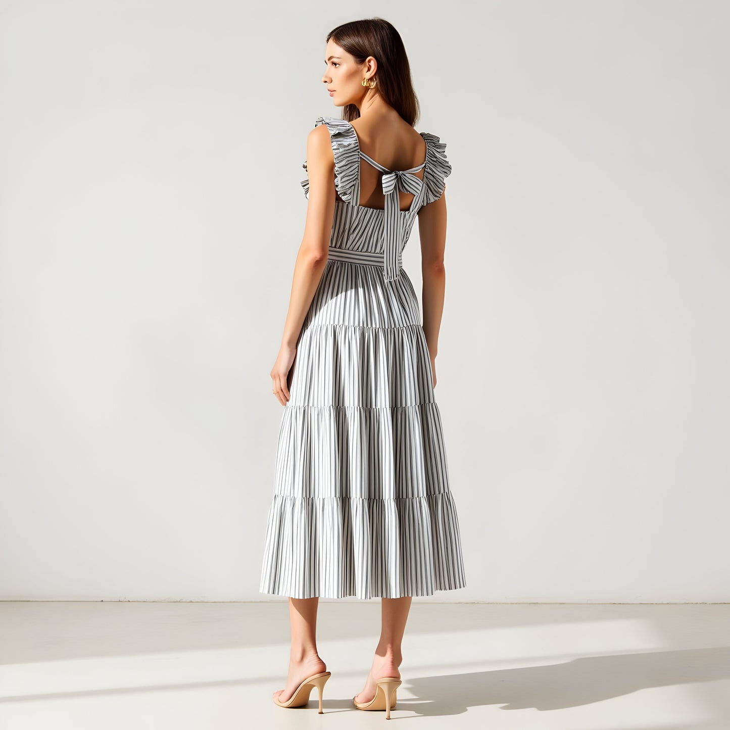 Striped Tiered Midi Dress with Ruffle Sleeves and Front Waist Tie