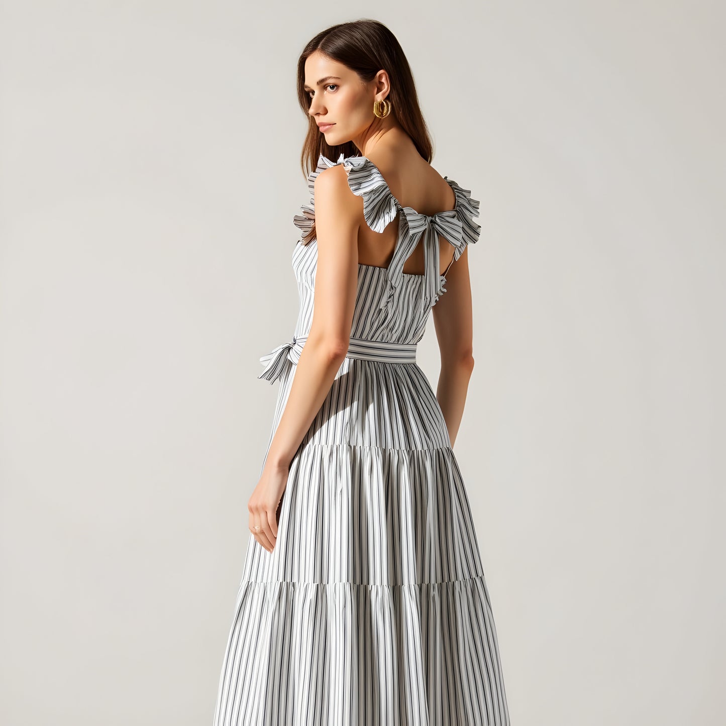 Striped Tiered Midi Dress with Ruffle Sleeves and Front Waist Tie