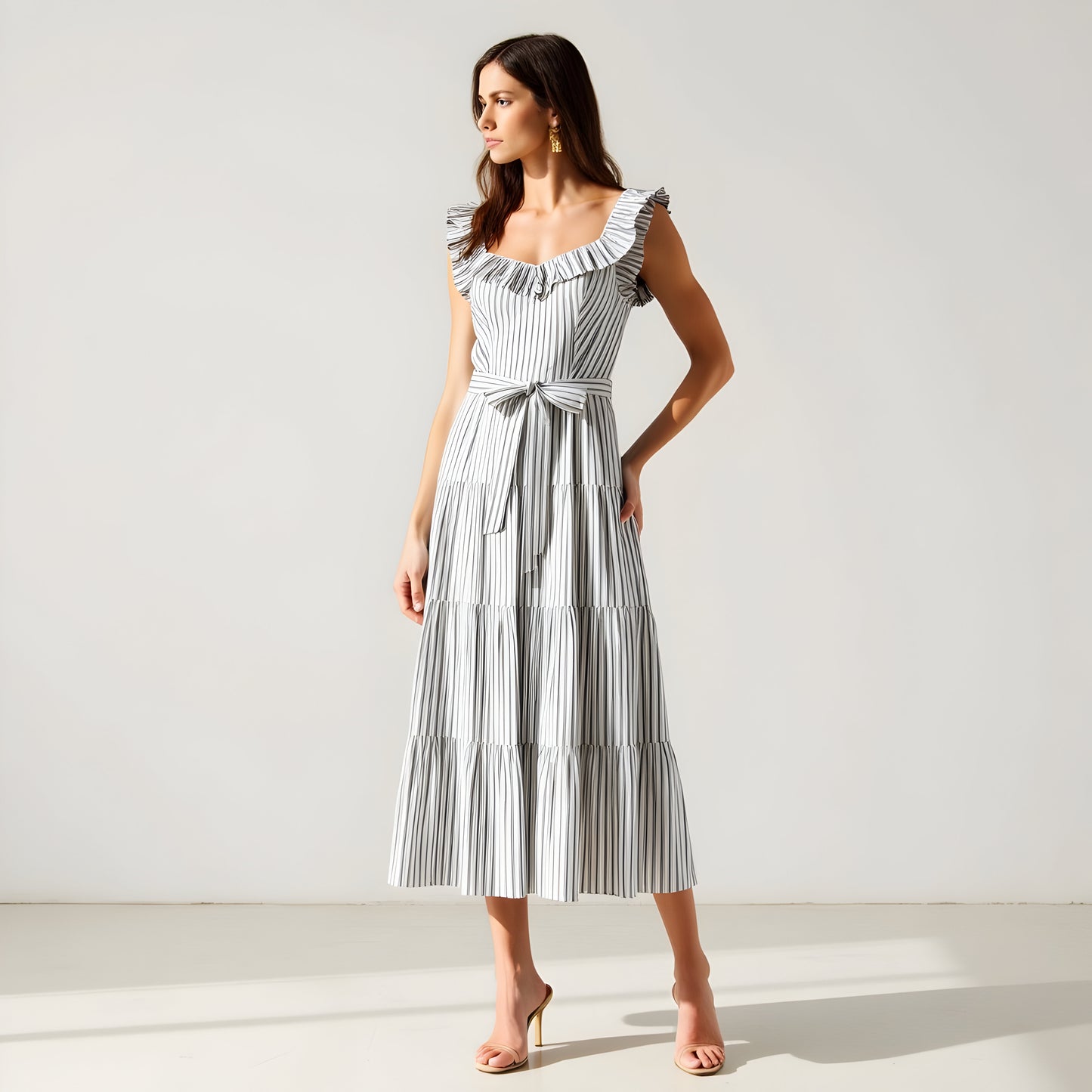 Striped Tiered Midi Dress with Ruffle Sleeves and Front Waist Tie