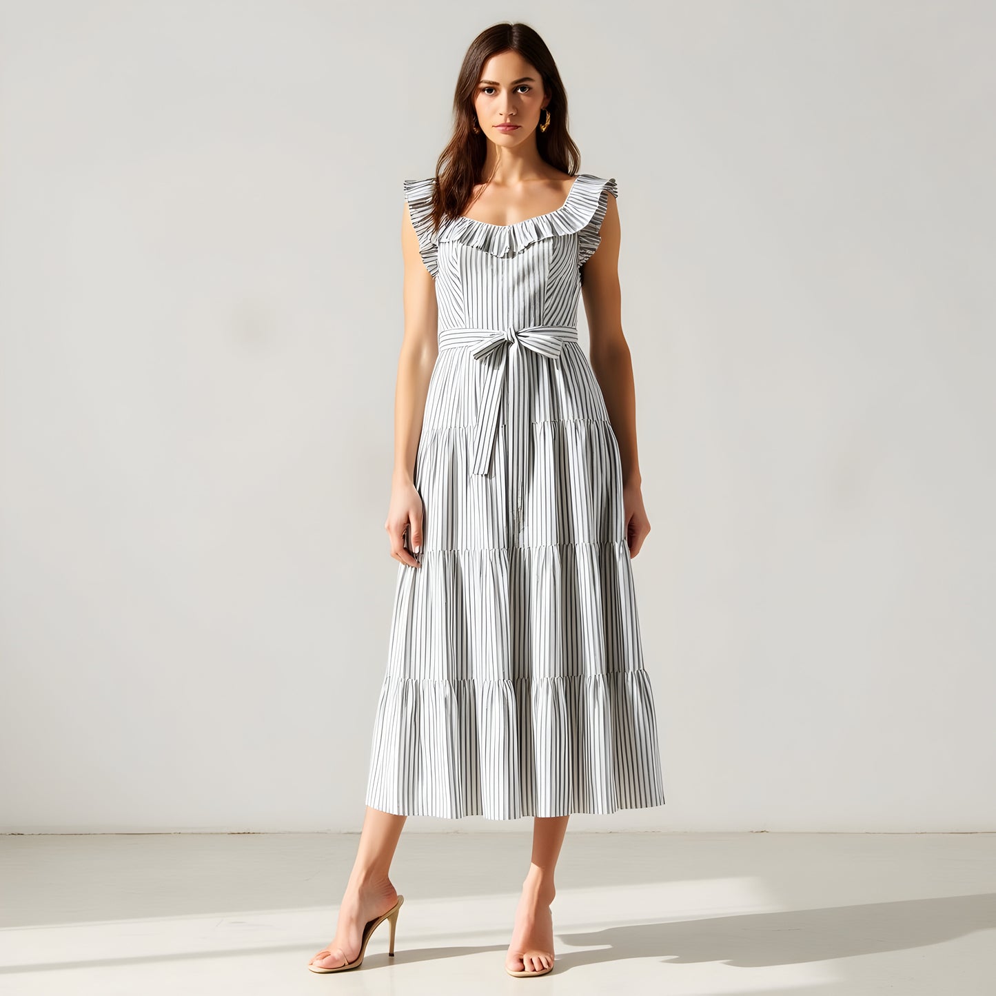 Striped Tiered Midi Dress with Ruffle Sleeves and Front Waist Tie