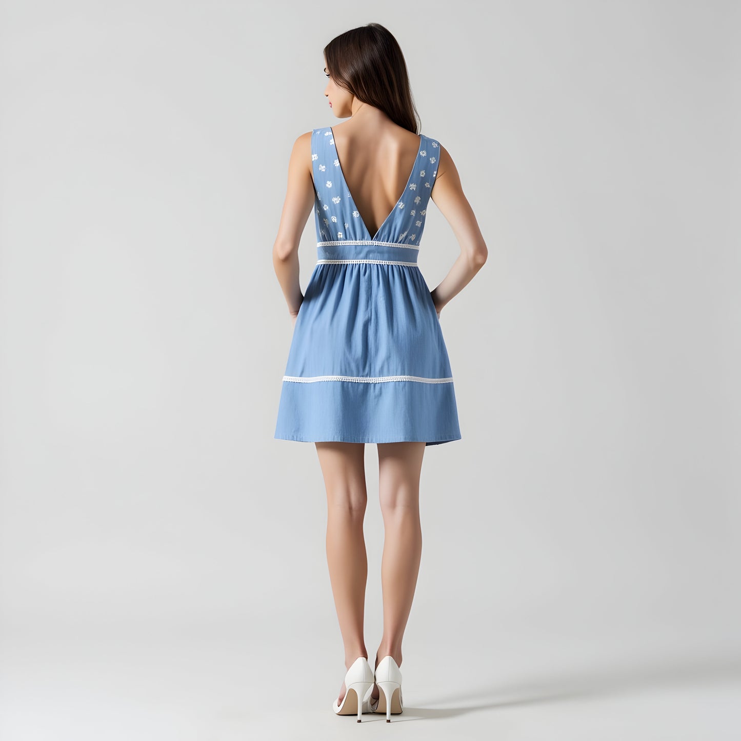 Embroidered Sleeveless Mini Dress with Lace Trim and V-Neckline