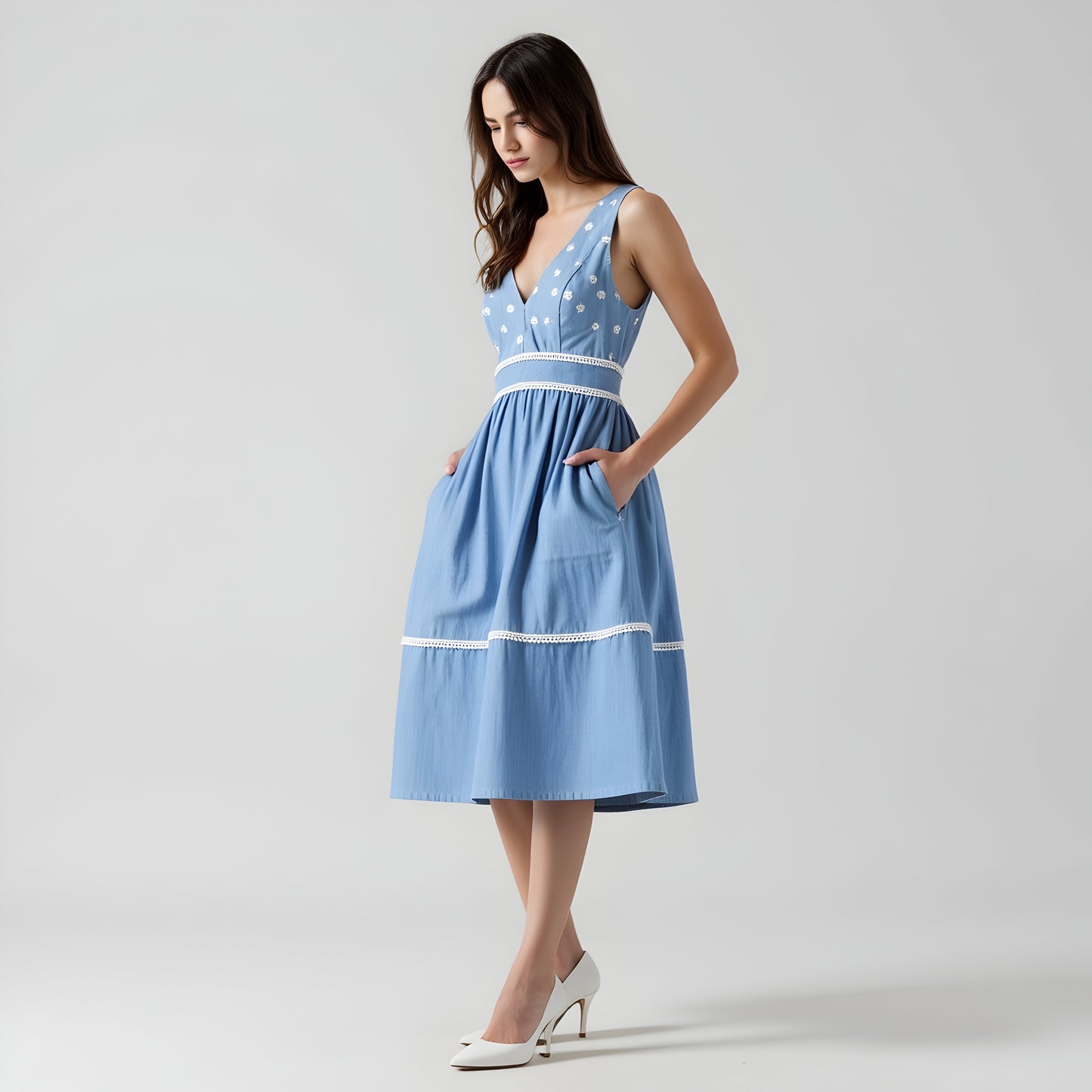 Embroidered Sleeveless Mini Dress with Lace Trim and V-Neckline