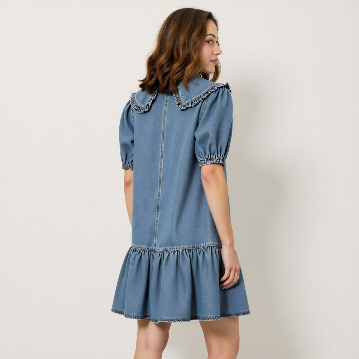 Ruffled Collar Short Dress with Puff Sleeves and Tiered Hem