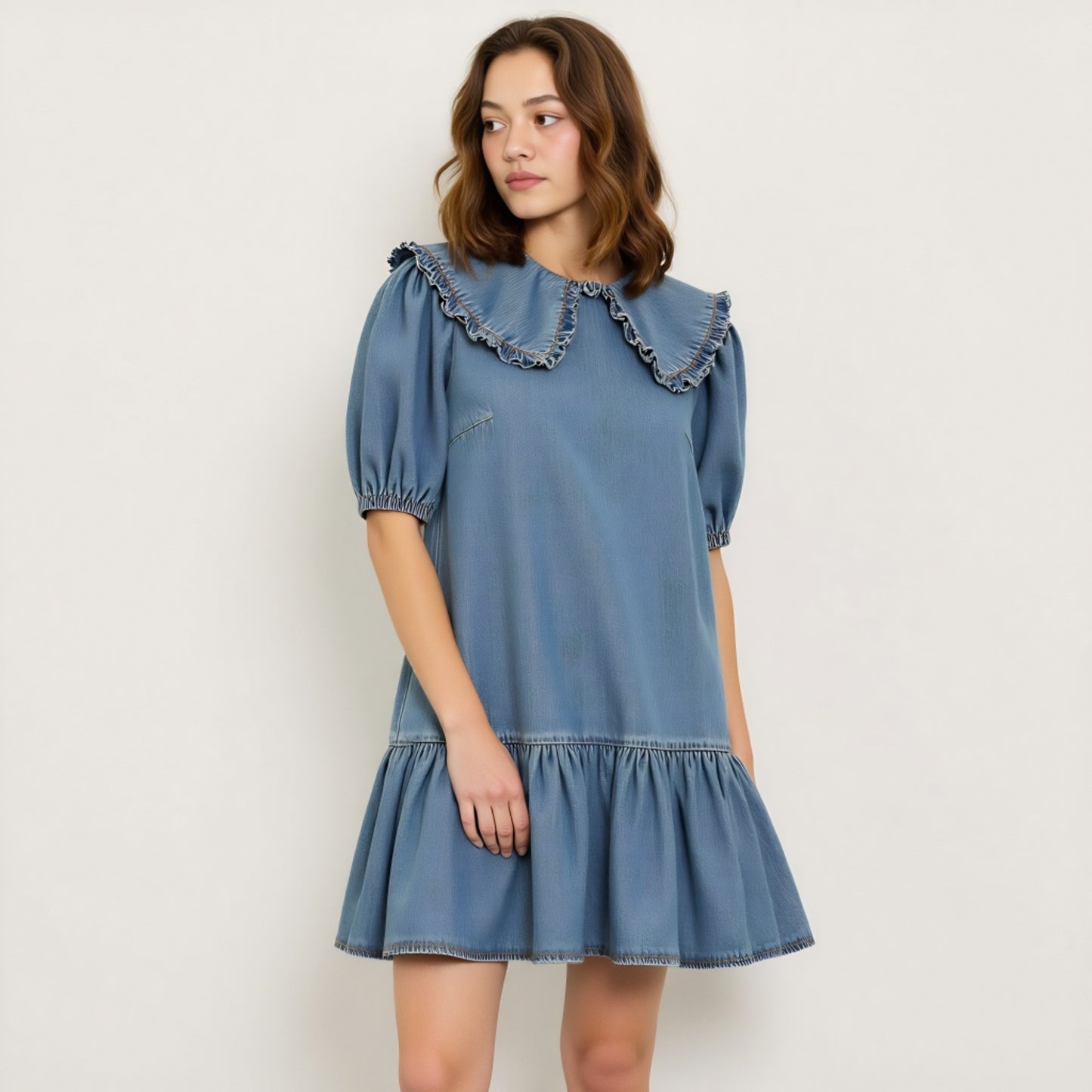 Ruffled Collar Short Dress with Puff Sleeves and Tiered Hem