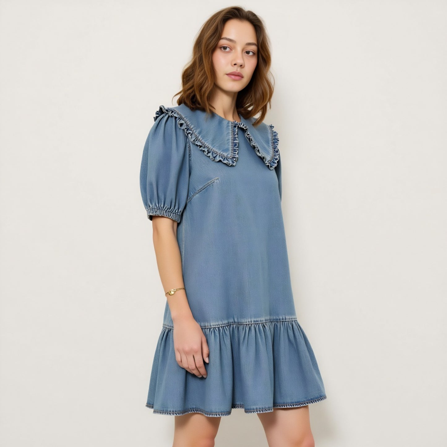 Ruffled Collar Short Dress with Puff Sleeves and Tiered Hem