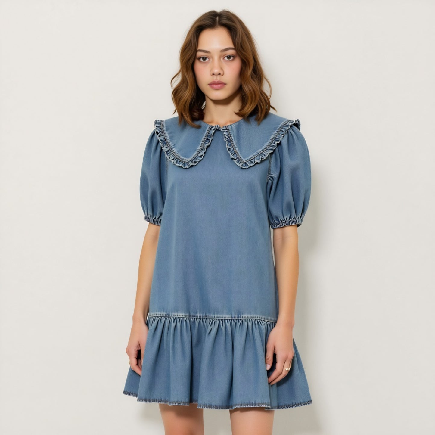 Ruffled Collar Short Dress with Puff Sleeves and Tiered Hem