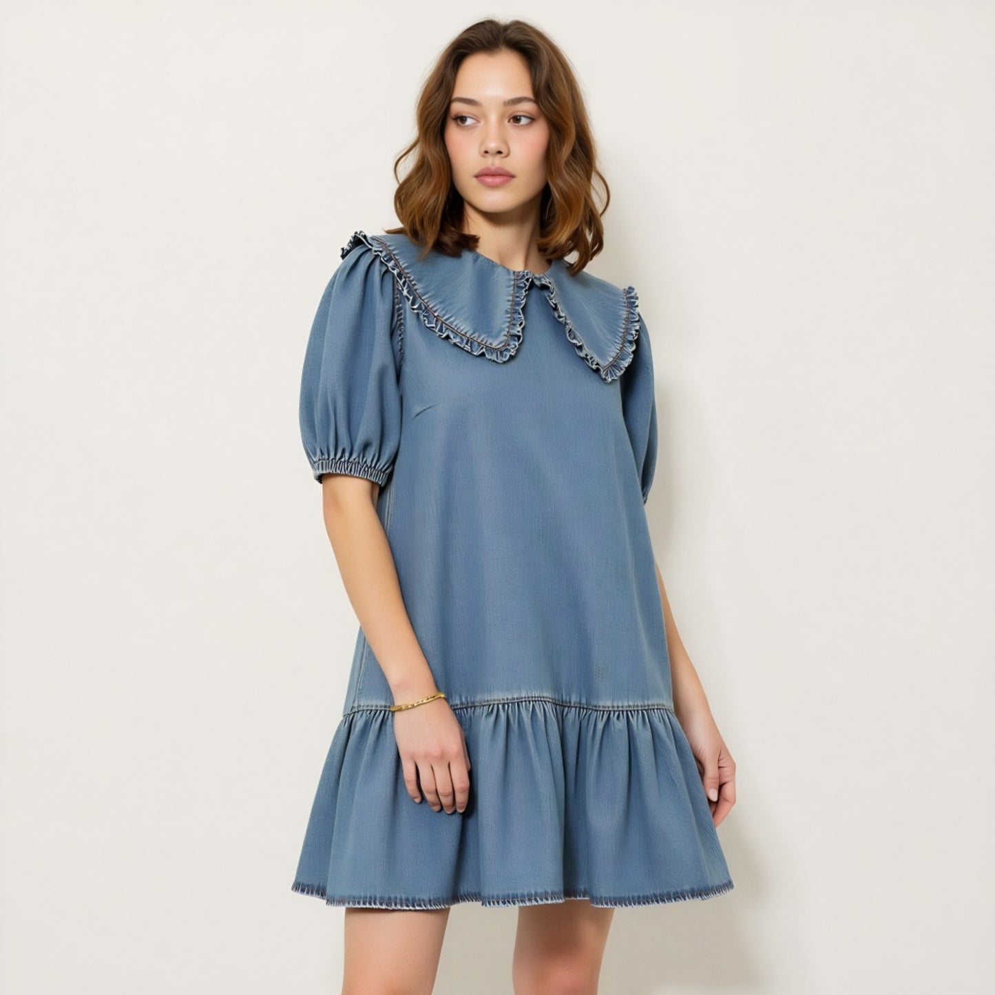 Ruffled Collar Short Dress with Puff Sleeves and Tiered Hem