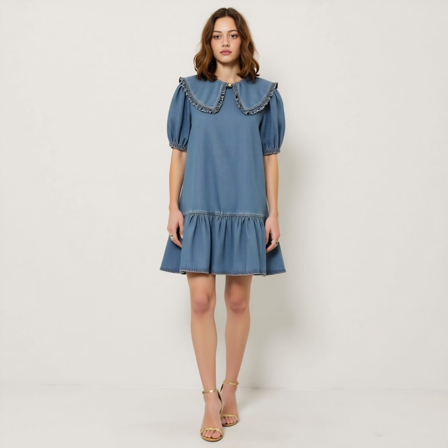 Ruffled Collar Short Dress with Puff Sleeves and Tiered Hem