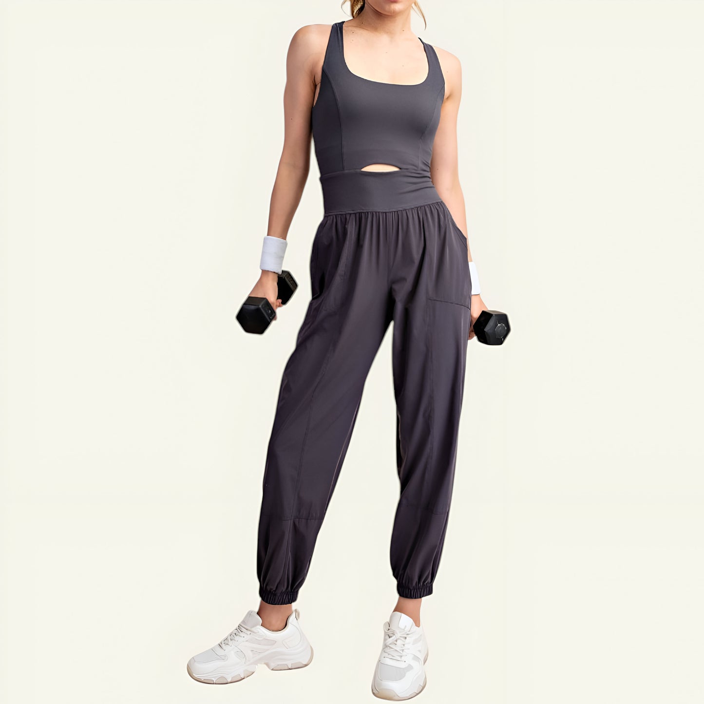 Active Jumpsuit with Scoop Neckline, Crisscross Back, and Cutout Waist Detail