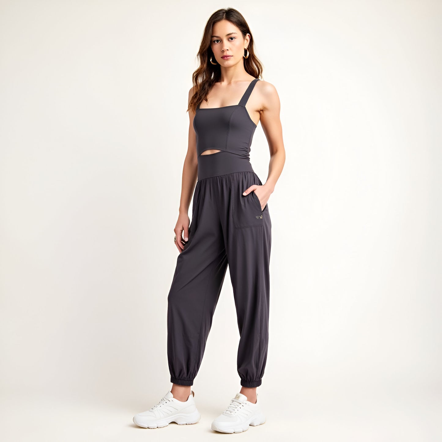 Active Jumpsuit with Scoop Neckline, Crisscross Back, and Cutout Waist Detail