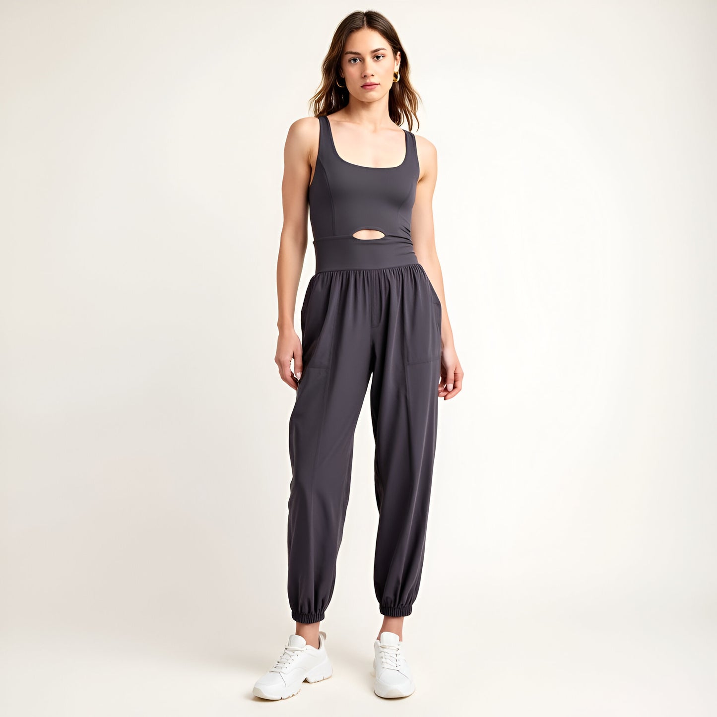 Active Jumpsuit with Scoop Neckline, Crisscross Back, and Cutout Waist Detail