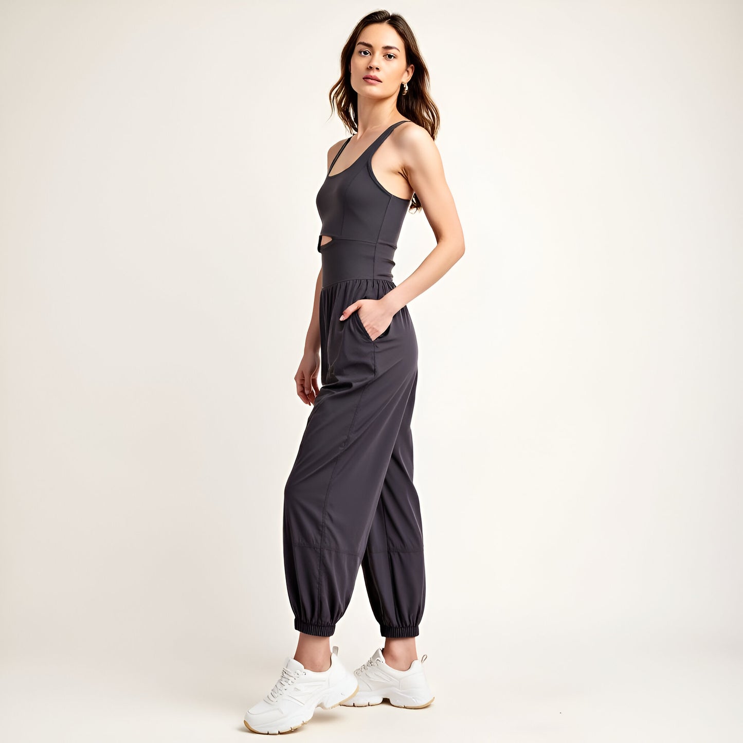 Active Jumpsuit with Scoop Neckline, Crisscross Back, and Cutout Waist Detail