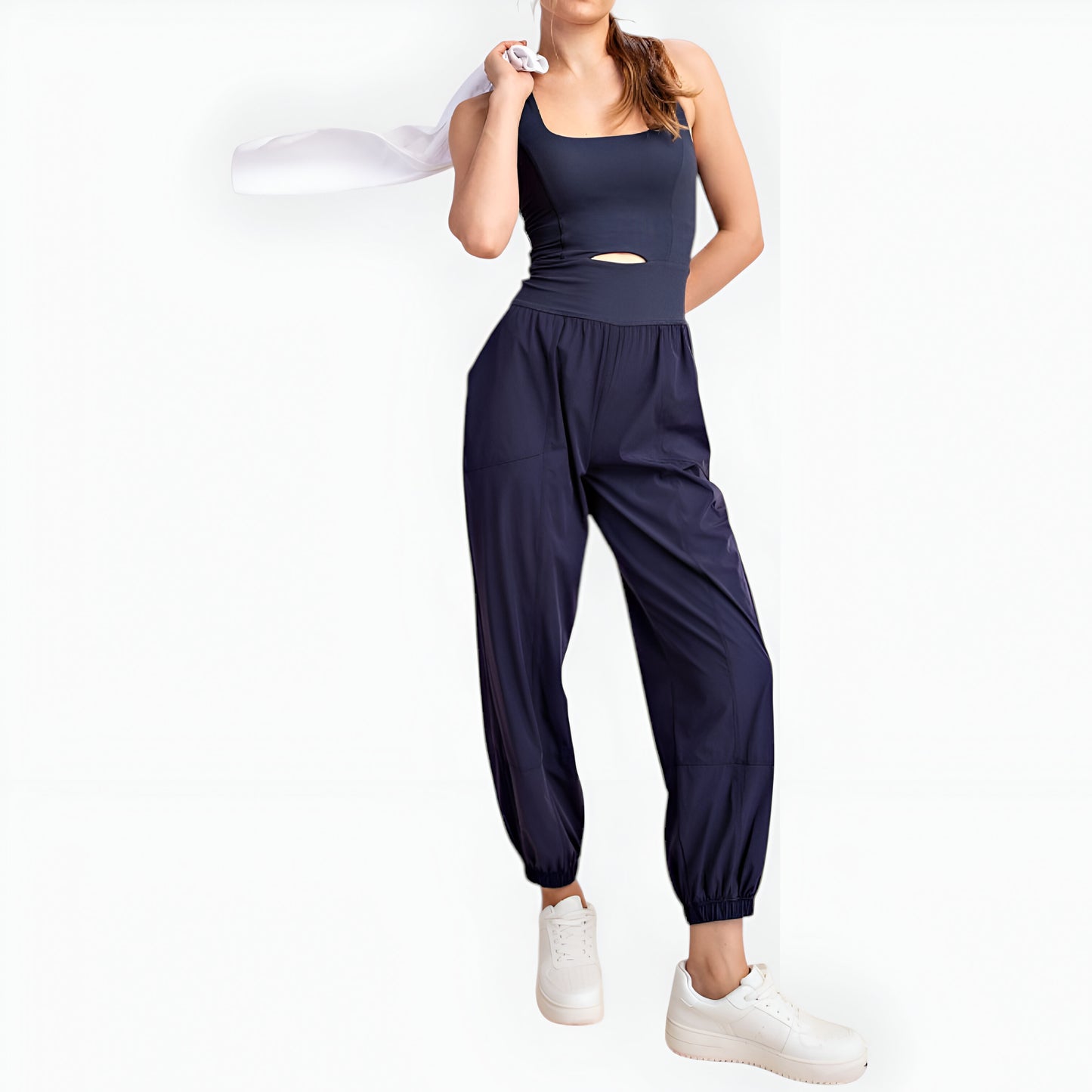 Active Jumpsuit with Scoop Neckline, Crisscross Back, and Cutout Waist Detail