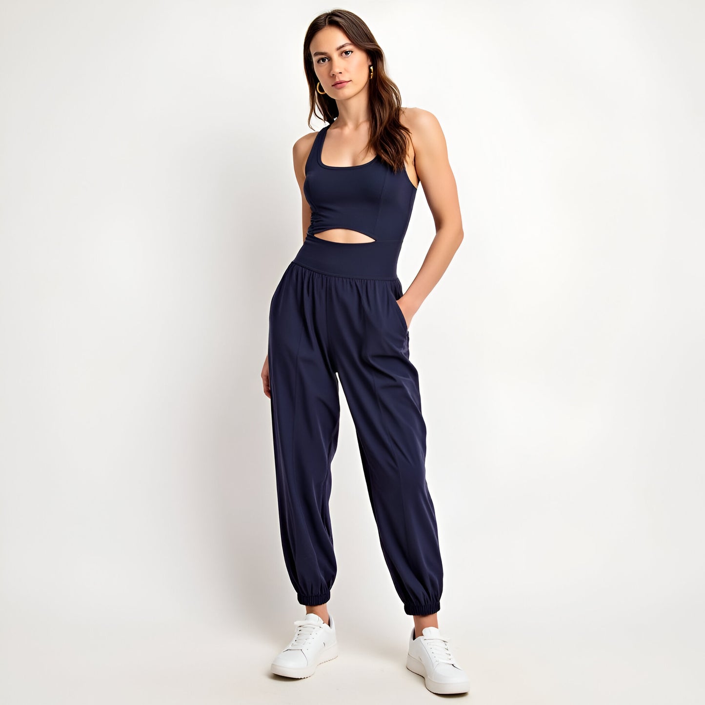 Active Jumpsuit with Scoop Neckline, Crisscross Back, and Cutout Waist Detail