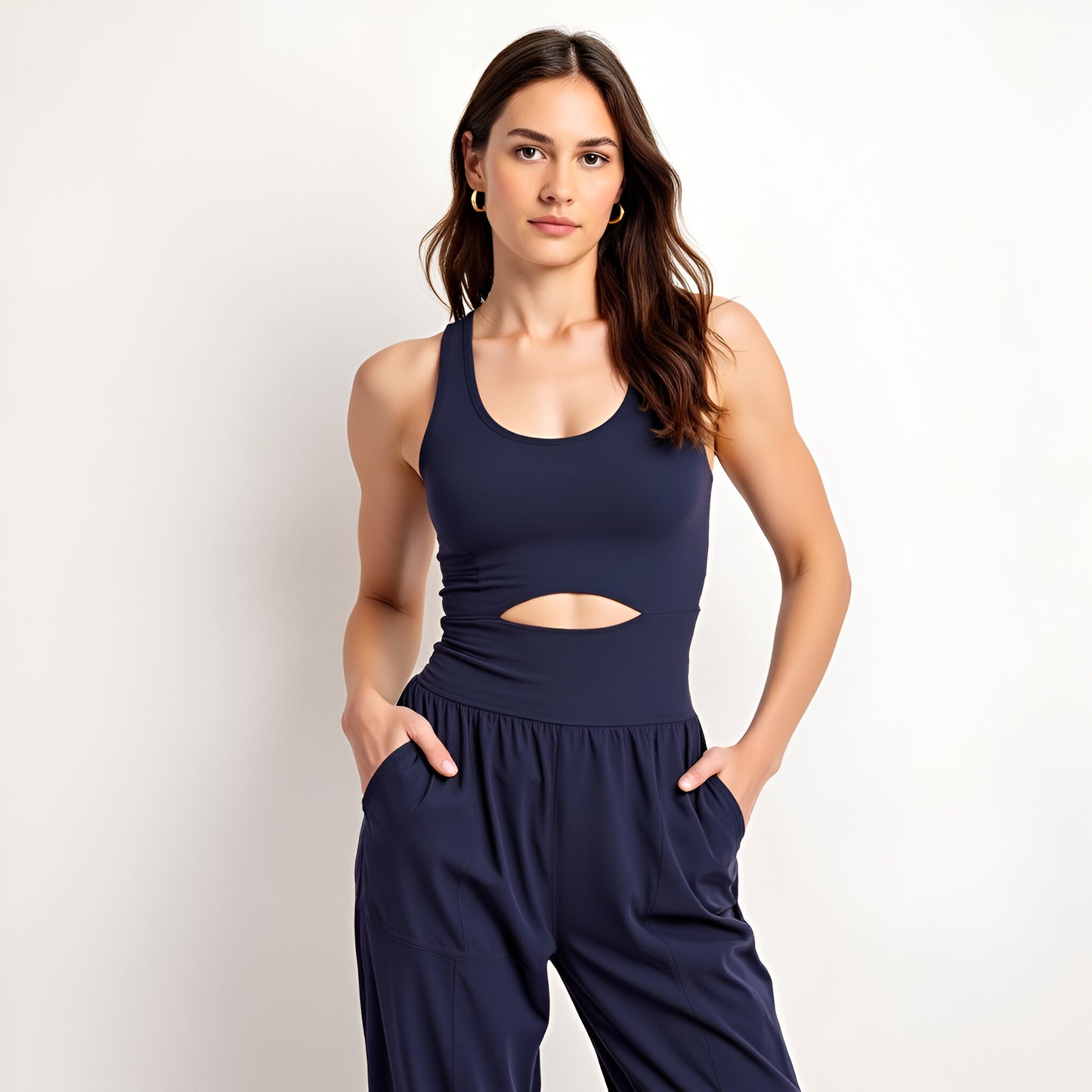 Active Jumpsuit with Scoop Neckline, Crisscross Back, and Cutout Waist Detail