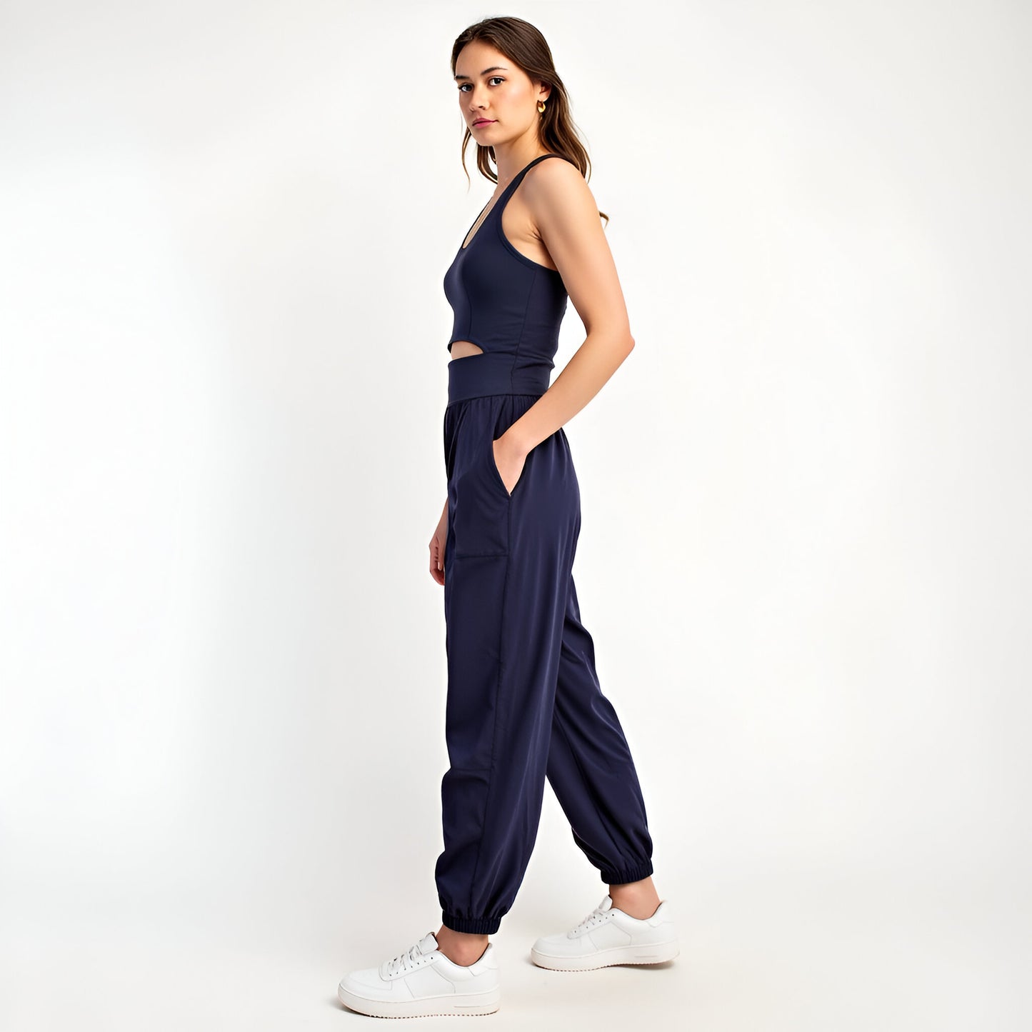 Active Jumpsuit with Scoop Neckline, Crisscross Back, and Cutout Waist Detail