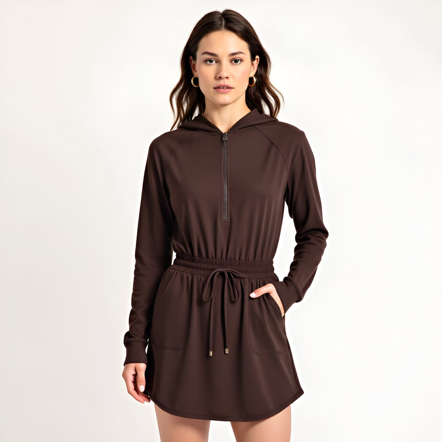 Long Sleeve Hooded Romper Skirt with Drawstring Waist and Half Zip Front