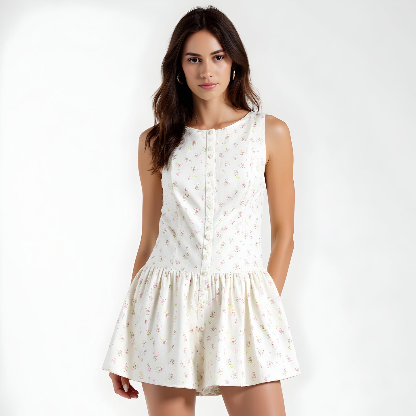 Sleeveless Button-Front Romper with Gathered Skirted Shorts and Floral Print