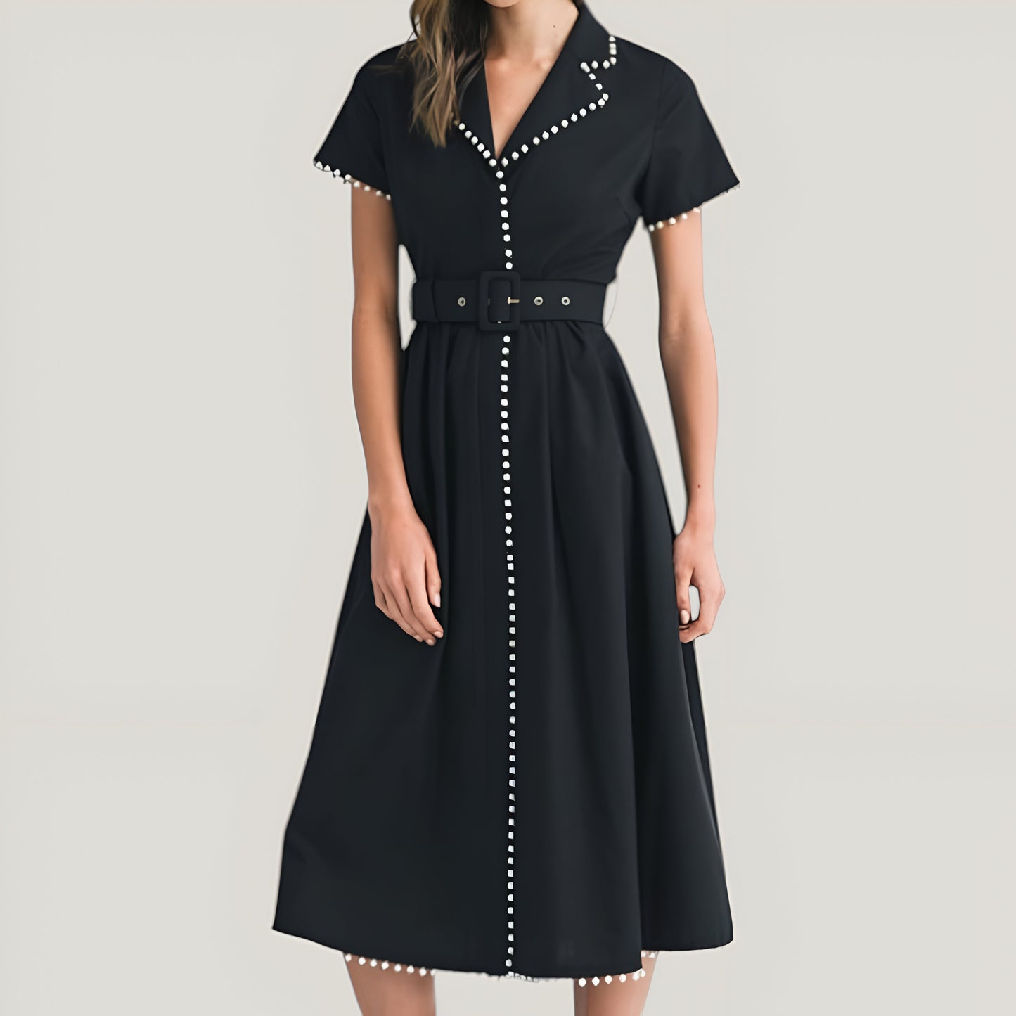 Short Sleeve Collared Midi Dress with Pearl Details and Statement Belt