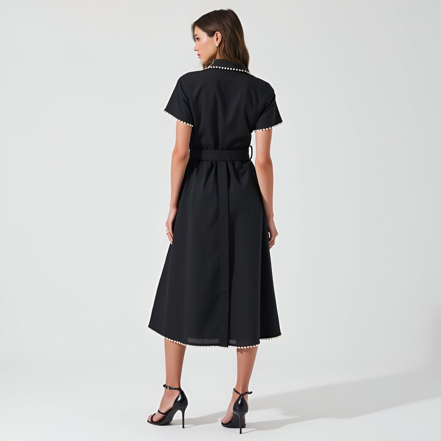 Short Sleeve Collared Midi Dress with Pearl Details and Statement Belt