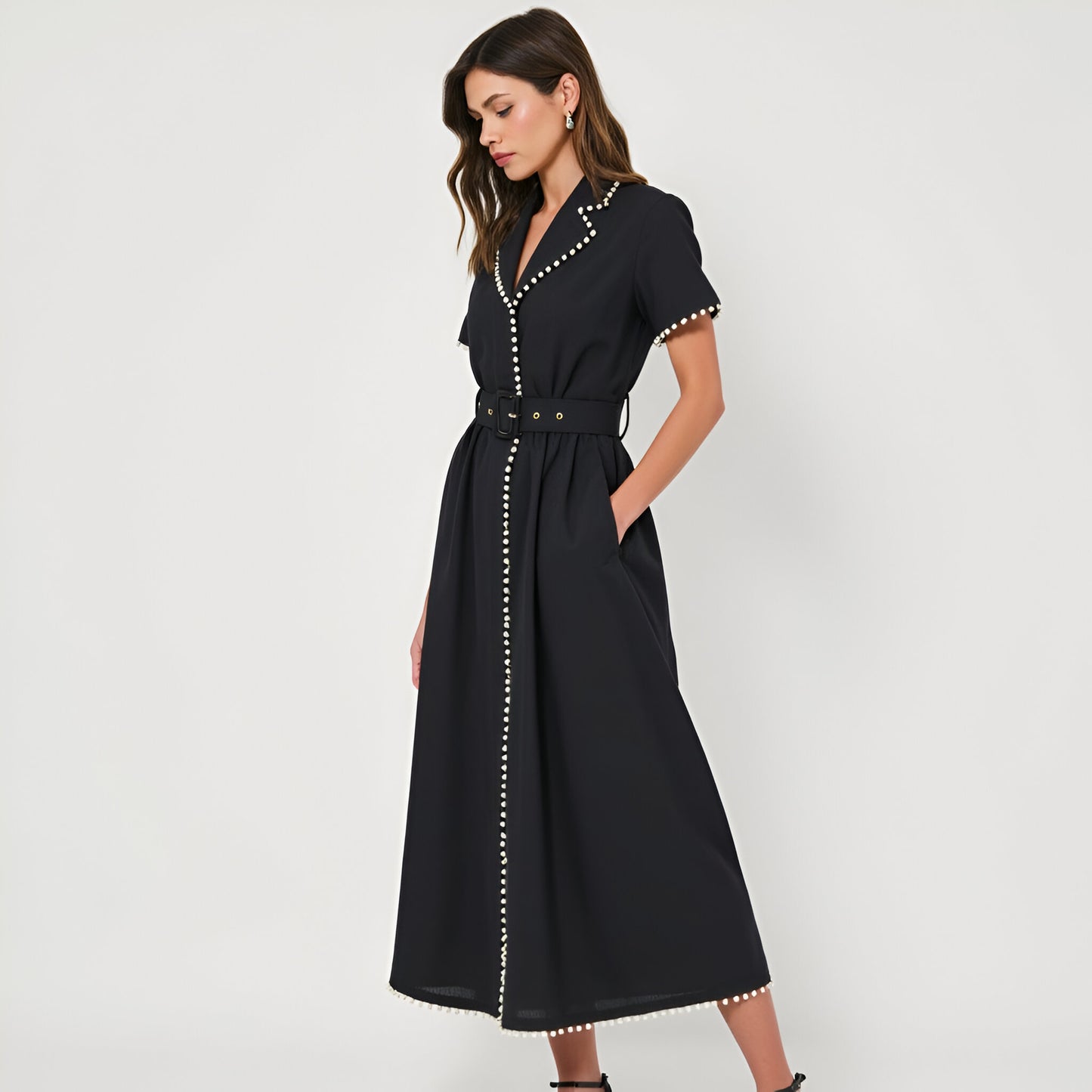 Short Sleeve Collared Midi Dress with Pearl Details and Statement Belt