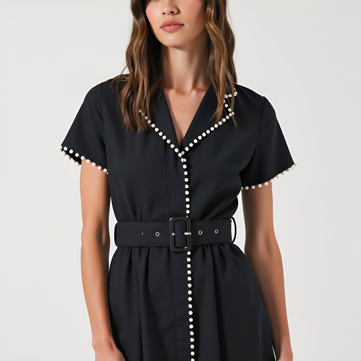 Short Sleeve Collared Midi Dress with Pearl Details and Statement Belt