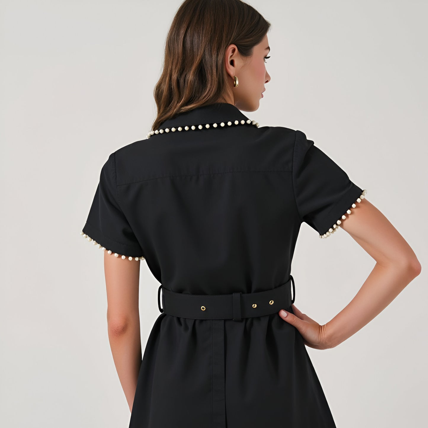 Short Sleeve Collared Midi Dress with Pearl Details and Statement Belt