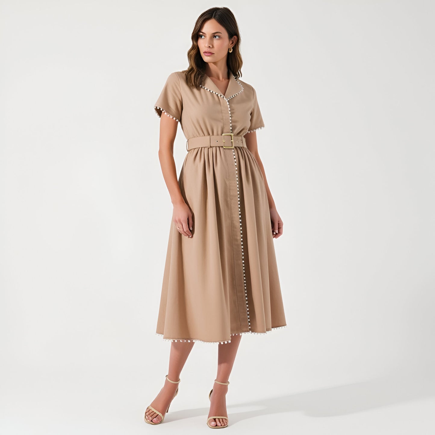 Short Sleeve Collared Midi Dress with Pearl Details and Statement Belt