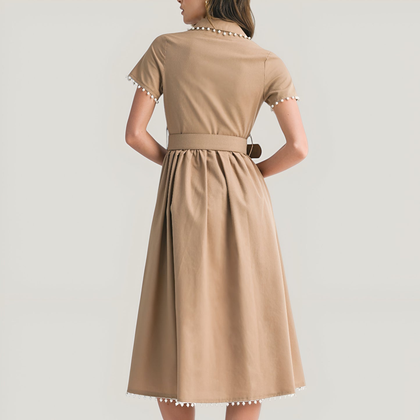 Short Sleeve Collared Midi Dress with Pearl Details and Statement Belt