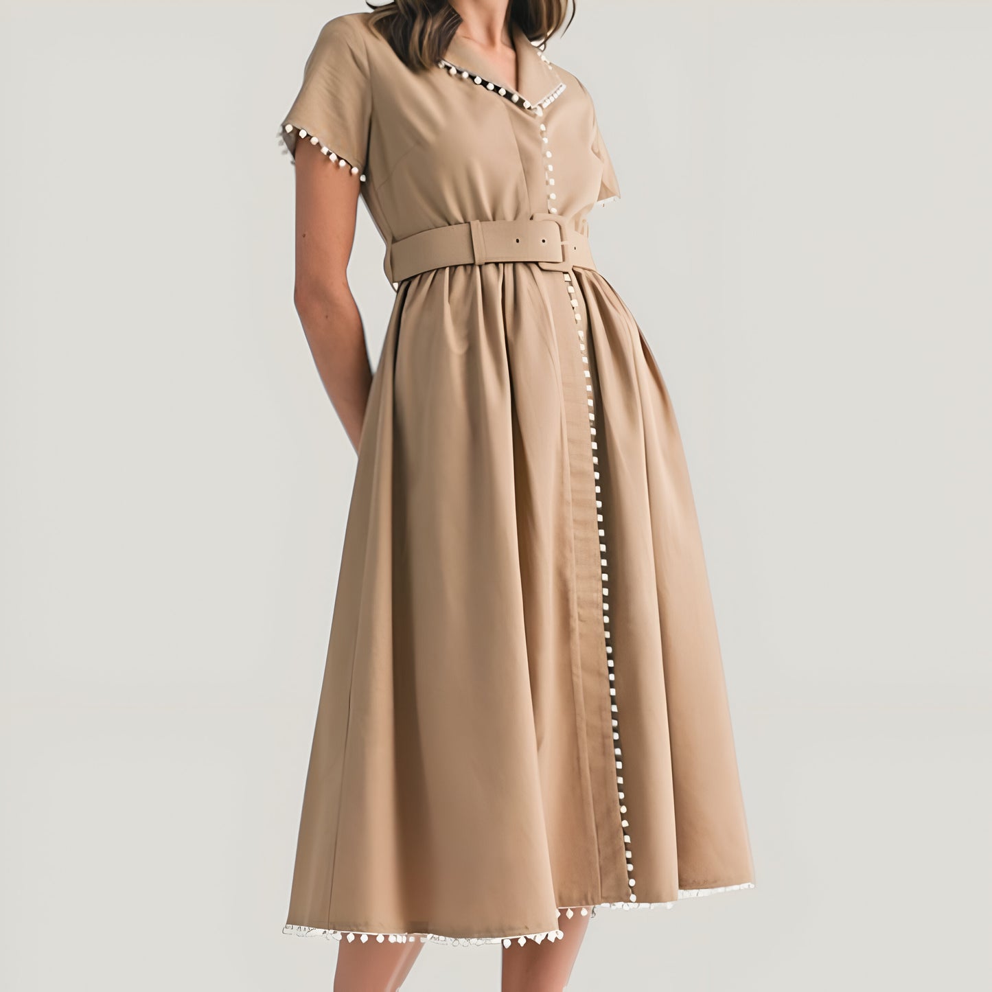 Short Sleeve Collared Midi Dress with Pearl Details and Statement Belt