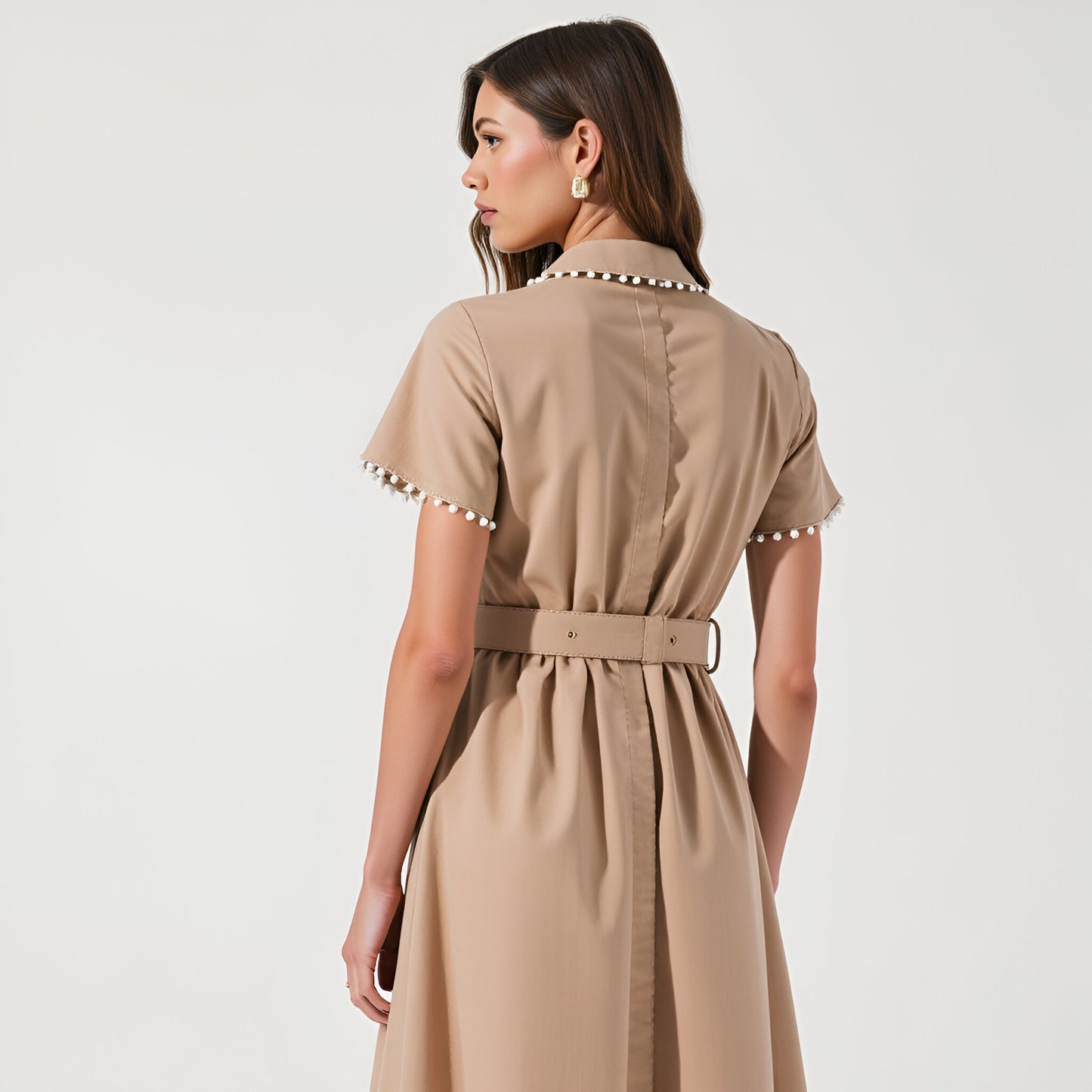Short Sleeve Collared Midi Dress with Pearl Details and Statement Belt