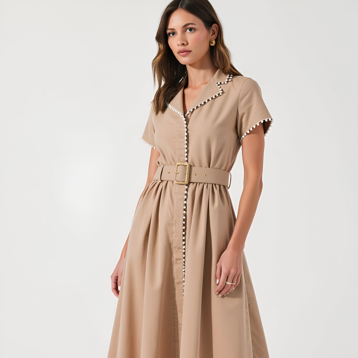 Short Sleeve Collared Midi Dress with Pearl Details and Statement Belt