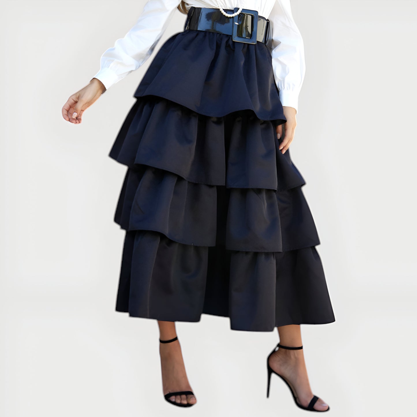 Tiered Ruffle Midi Skirt with Wide Belt and Layered Hem