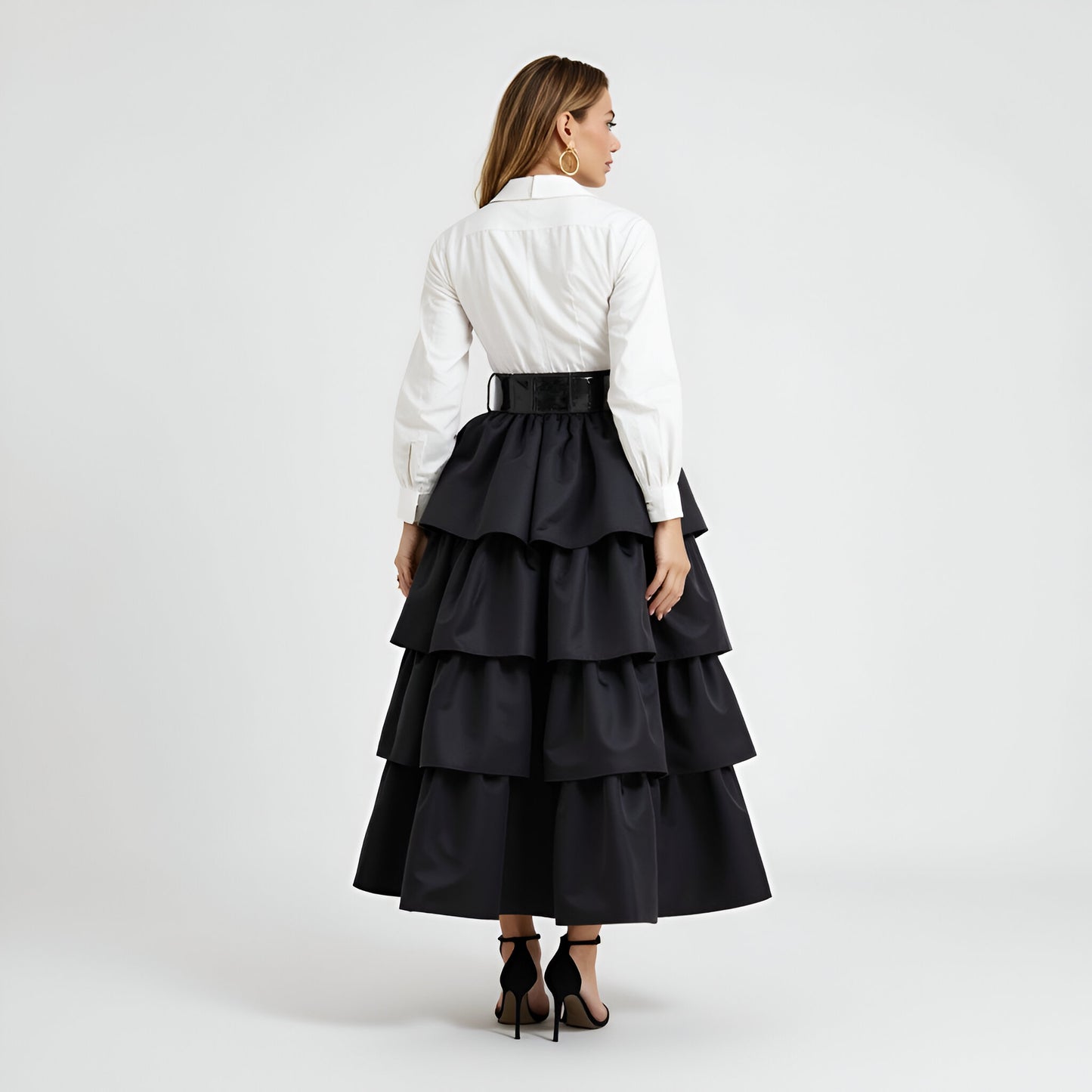 Tiered Ruffle Midi Skirt with Wide Belt and Layered Hem