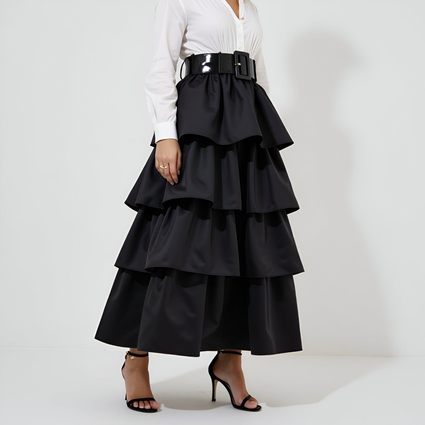 Tiered Ruffle Midi Skirt with Wide Belt and Layered Hem