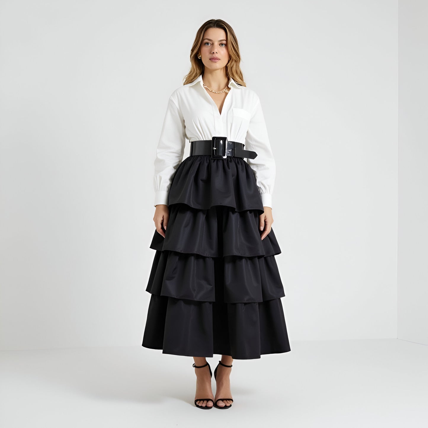 Tiered Ruffle Midi Skirt with Wide Belt and Layered Hem