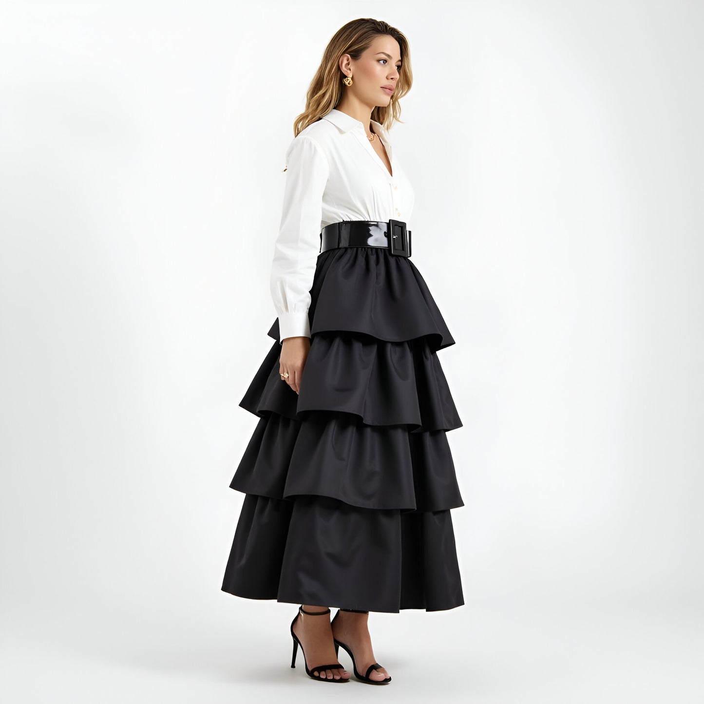 Tiered Ruffle Midi Skirt with Wide Belt and Layered Hem