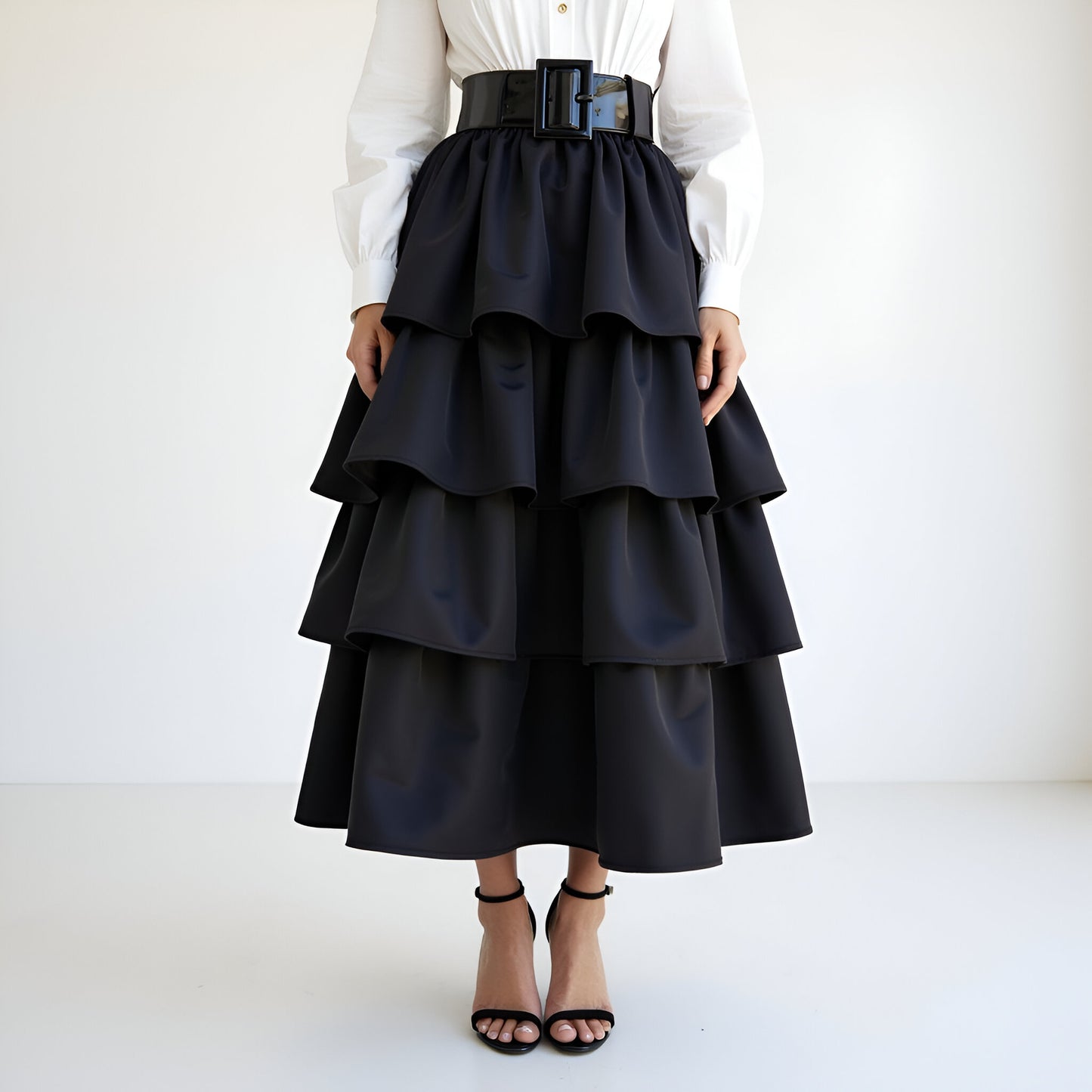 Tiered Ruffle Midi Skirt with Wide Belt and Layered Hem