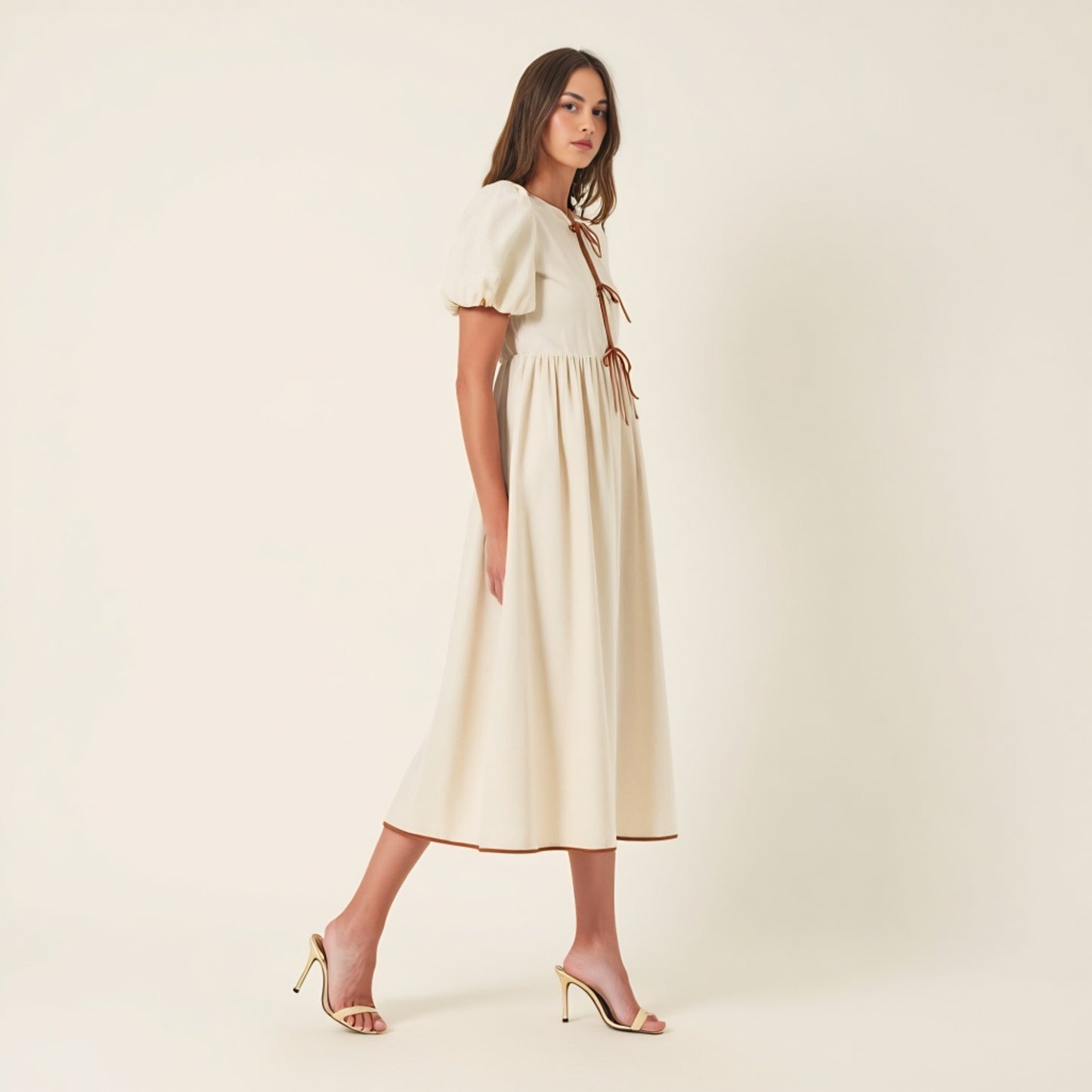 Midi Puff Sleeve Dress with Contrast Ties and Hemline Trim