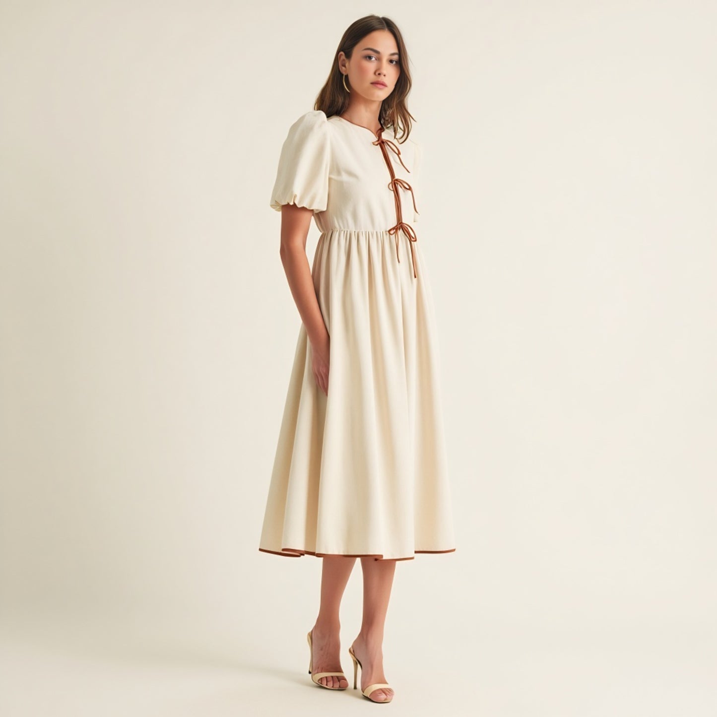 Midi Puff Sleeve Dress with Contrast Ties and Hemline Trim