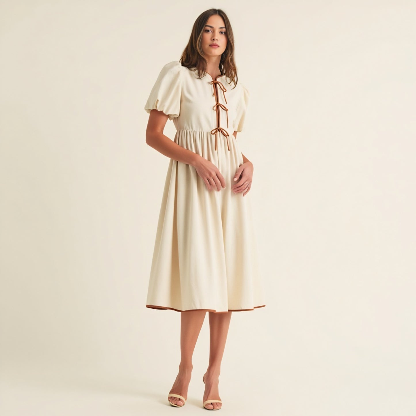Midi Puff Sleeve Dress with Contrast Ties and Hemline Trim