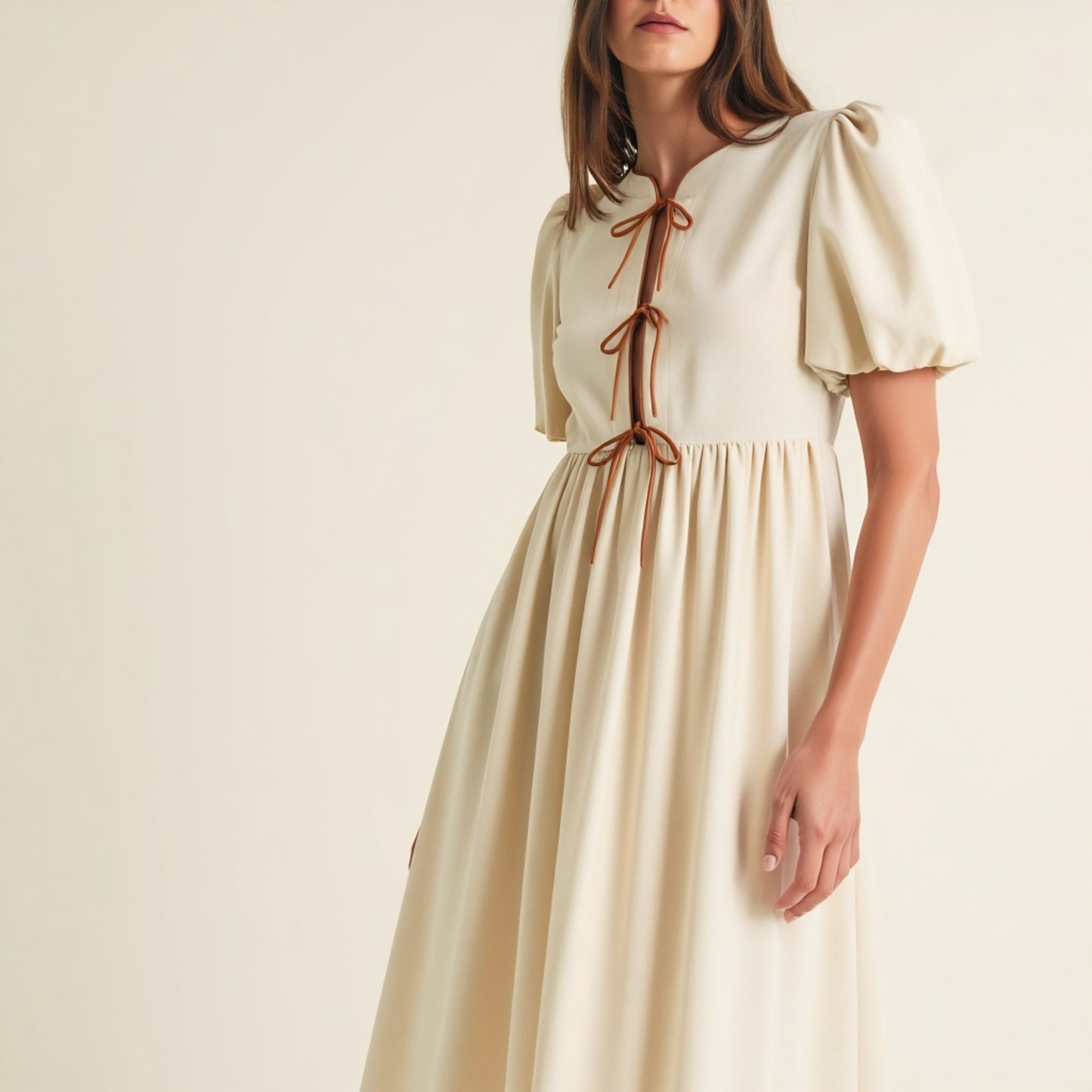 Midi Puff Sleeve Dress with Contrast Ties and Hemline Trim